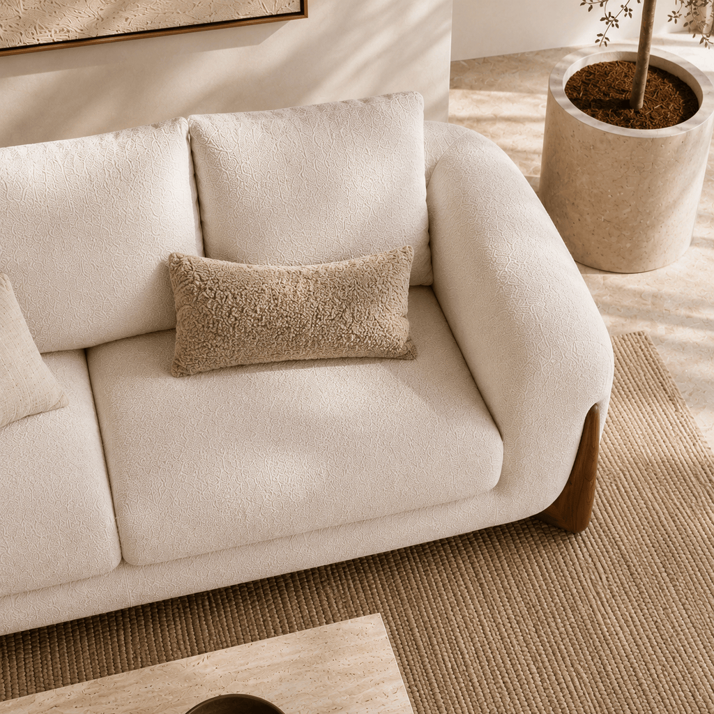 Montara Living 4-Seater Cream Contemporary Sofa with Rounded Arms and Wood Trim