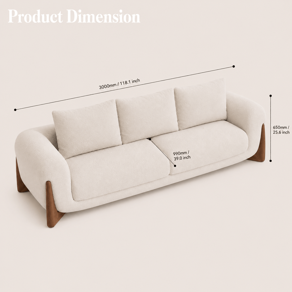Montara Living 4-Seater Cream Contemporary Sofa with Rounded Arms and Wood Trim