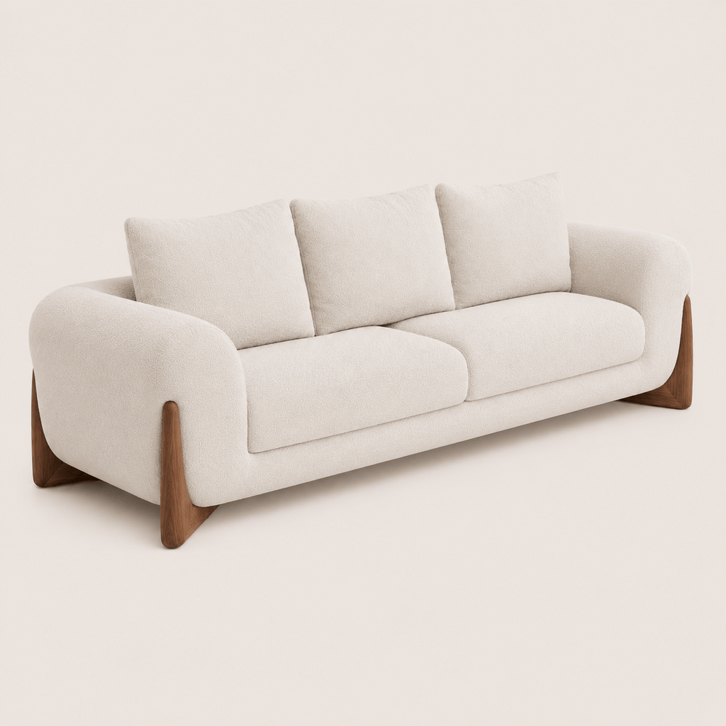 Montara Living 4-Seater Cream Contemporary Sofa with Rounded Arms and Wood Trim