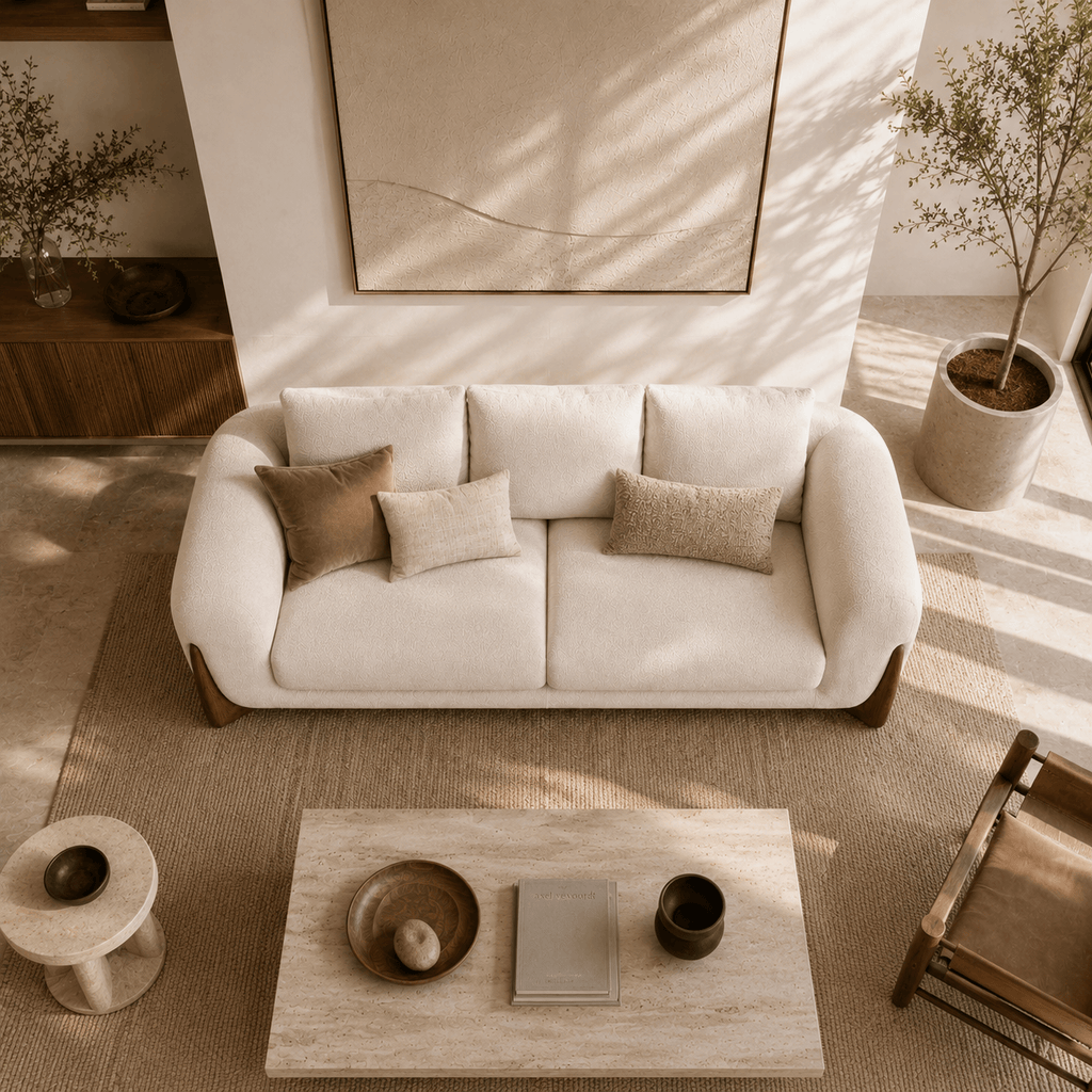 Montara Living 4-Seater Cream Contemporary Sofa with Rounded Arms and Wood Trim