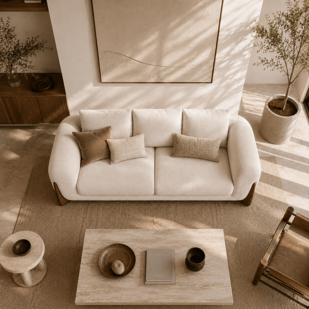 Montara Living 4-Seater Cream Contemporary Sofa with Rounded Arms and Wood Trim
