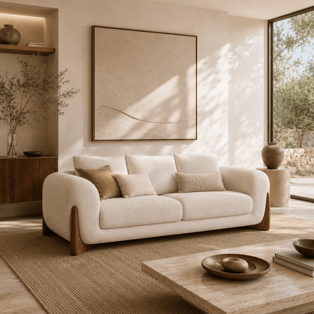 Montara Living 4-Seater Cream Contemporary Sofa with Rounded Arms and Wood Trim