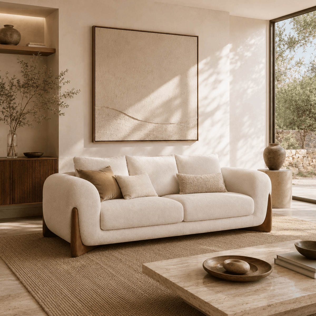 Montara Living 4-Seater Cream Contemporary Sofa with Rounded Arms and Wood Trim