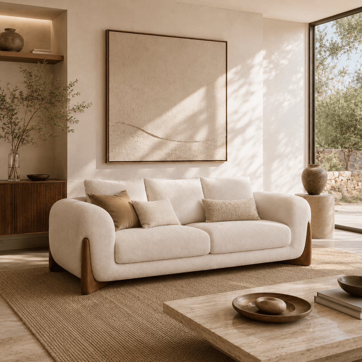 Montara Living 4-Seater Cream Contemporary Sofa with Rounded Arms and Wood Trim Image