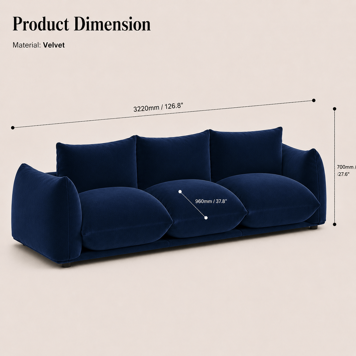 Montara Living 4-Seater Navy Blue Contemporary Sofa with Curved Arms