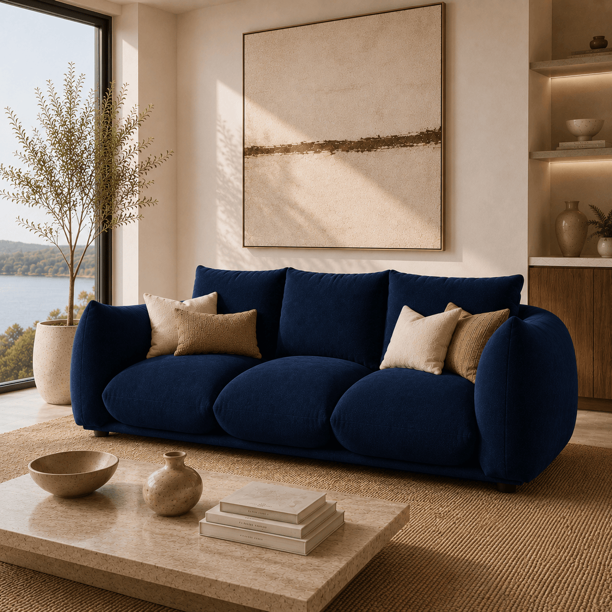 Montara Living 4-Seater Navy Blue Contemporary Sofa with Curved Arms