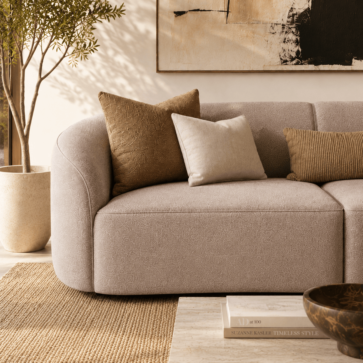 Montara Living 4-Seater Taupe Contemporary Curved Sofa with Rounded Back