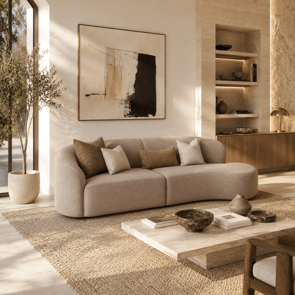 Montara Living 4-Seater Taupe Contemporary Curved Sofa with Rounded Back