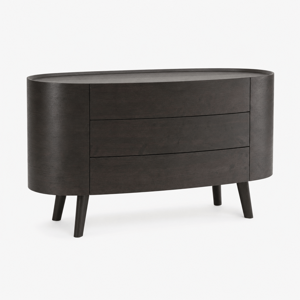 Montara Living 55.1" Dark Wood Curved Three-Drawer Sideboard with Tapered Legs Image
