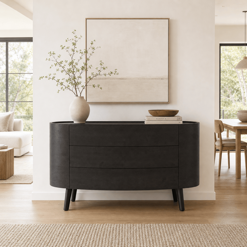 Montara Living 55.1" Dark Wood Curved Three-Drawer Sideboard with Tapered Legs