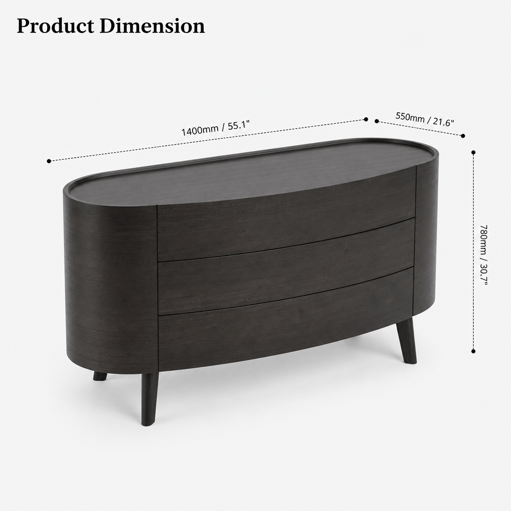 Montara Living 55.1" Dark Wood Curved Three-Drawer Sideboard with Tapered Legs