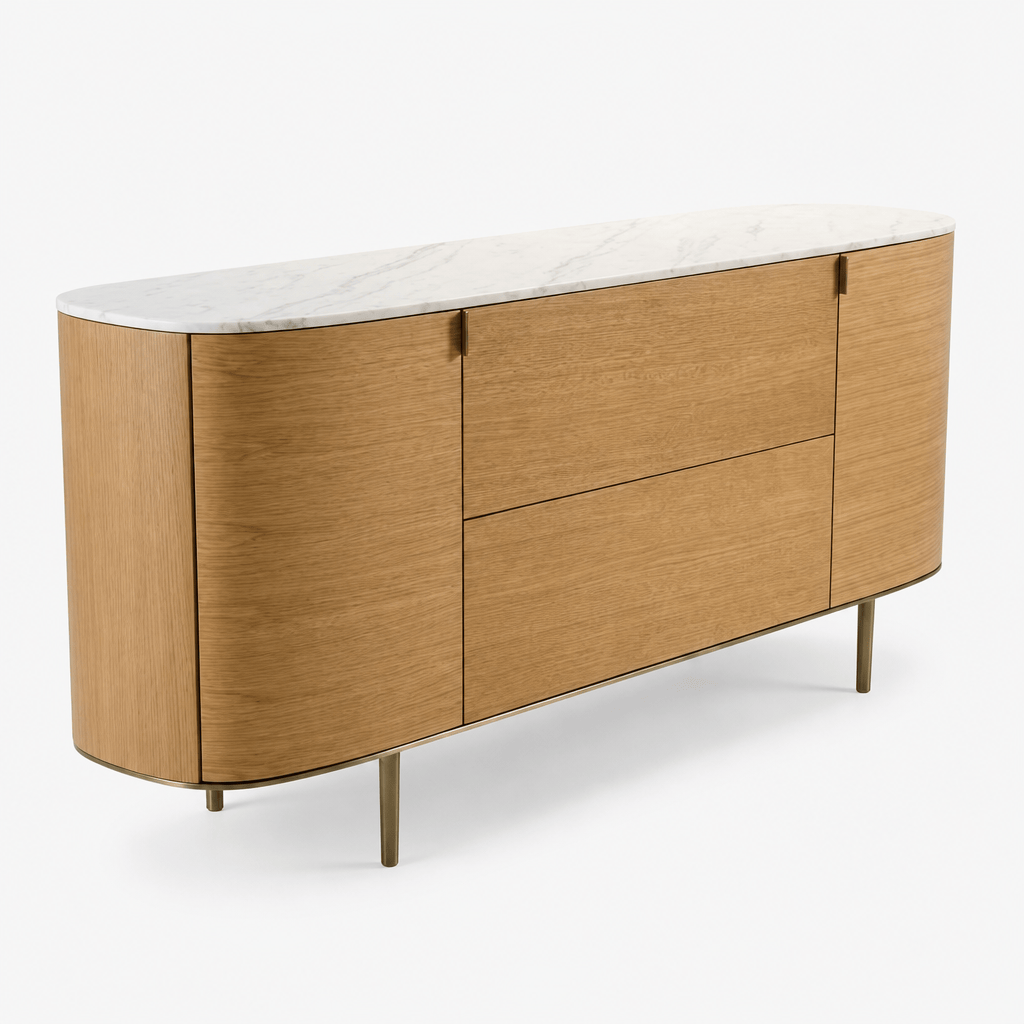 Montara Living 71" Oak Veneer Credenza with White Marble Top and Brass Legs Image