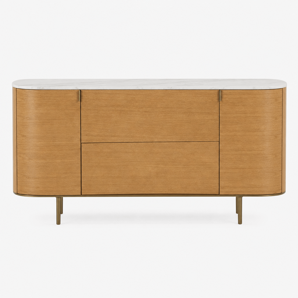 Montara Living 71" Oak Veneer Credenza with White Marble Top and Brass Legs