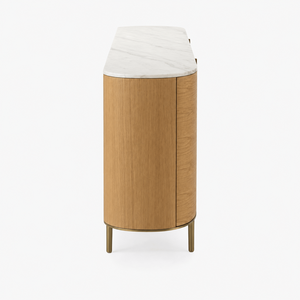 Montara Living 71" Oak Veneer Credenza with White Marble Top and Brass Legs