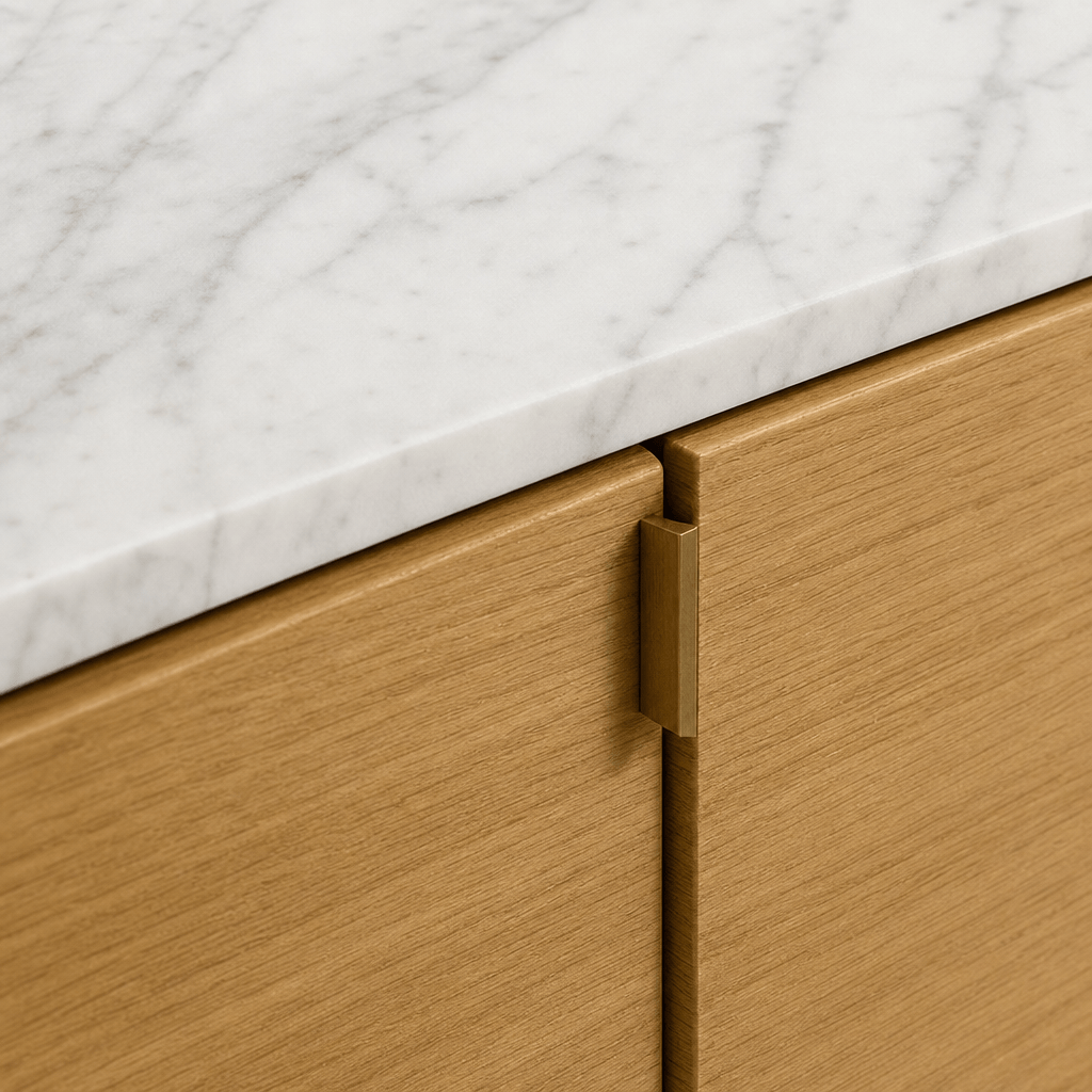 Montara Living 71" Oak Veneer Credenza with White Marble Top and Brass Legs