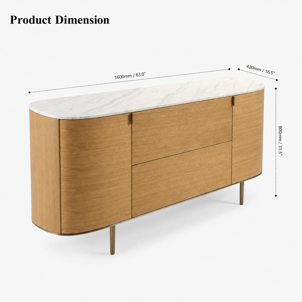 Montara Living 71" Oak Veneer Credenza with White Marble Top and Brass Legs
