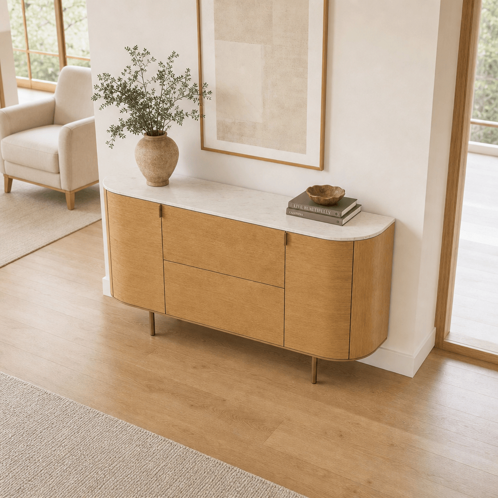 Montara Living 71" Oak Veneer Credenza with White Marble Top and Brass Legs