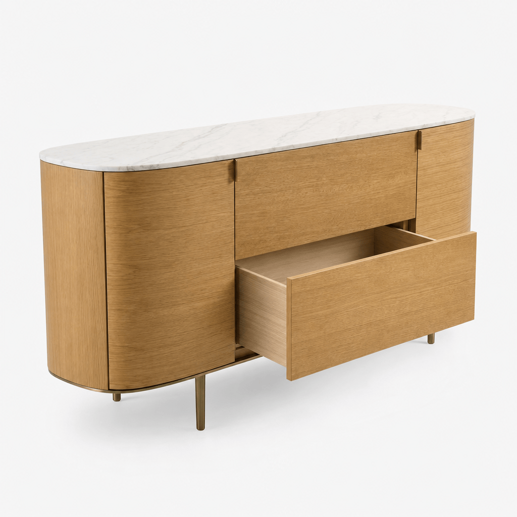 Montara Living 71" Oak Veneer Credenza with White Marble Top and Brass Legs