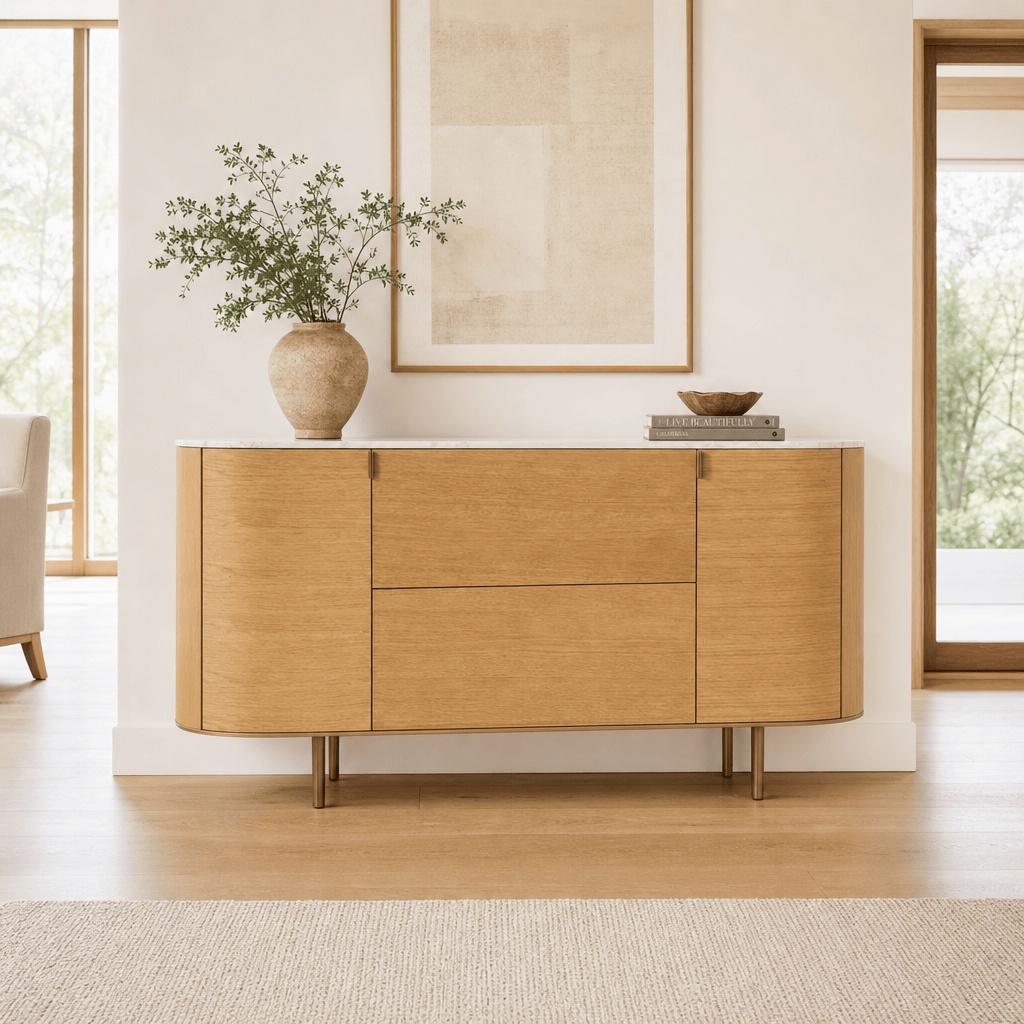 Montara Living 71" Oak Veneer Credenza with White Marble Top and Brass Legs