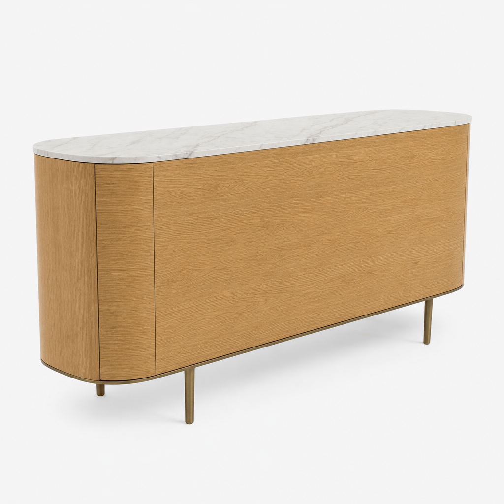 Montara Living 71" Oak Veneer Credenza with White Marble Top and Brass Legs