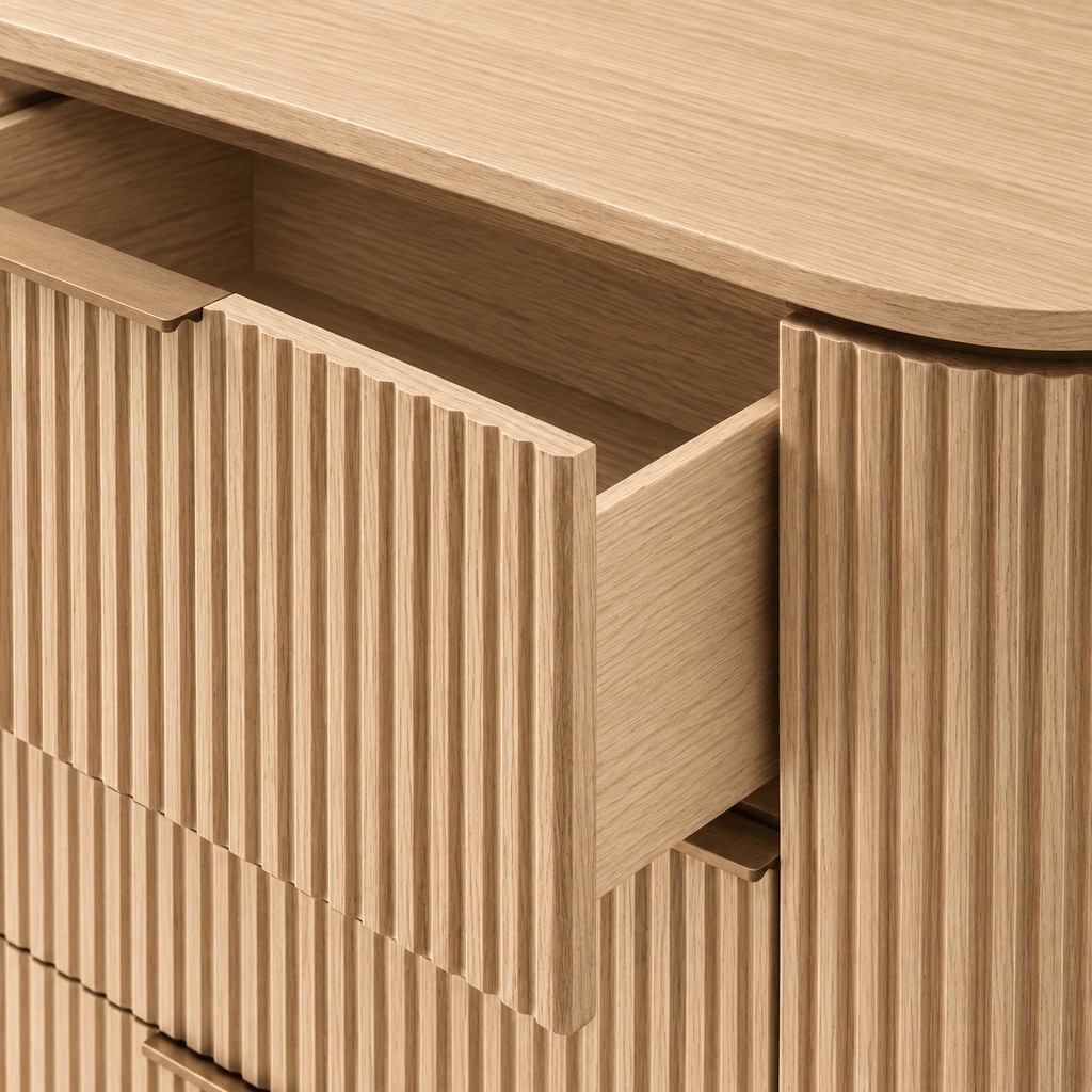 Montara Living Marlowe 71" Wood-Tone Fluted Curved Sideboard with 6 Drawers and Rounded Edges