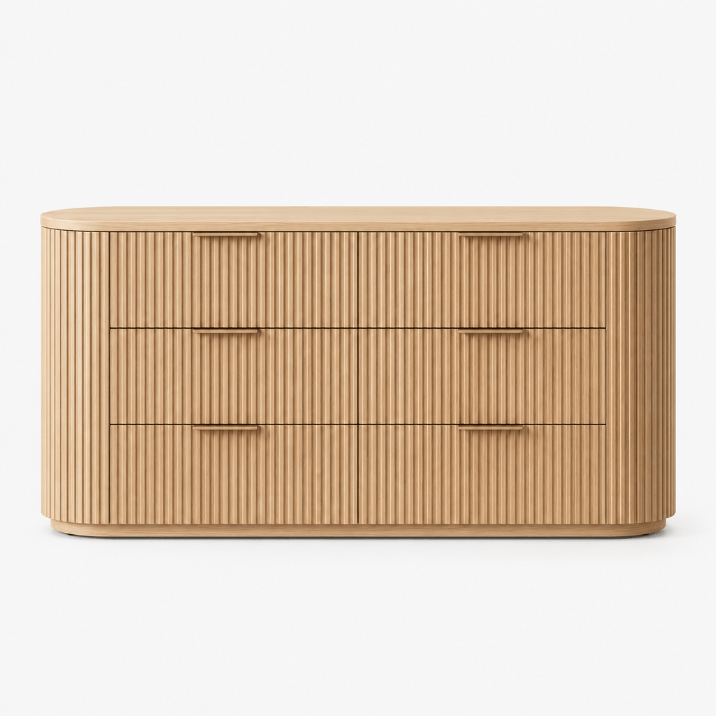 Montara Living Marlowe 71" Wood-Tone Fluted Curved Sideboard with 6 Drawers and Rounded Edges